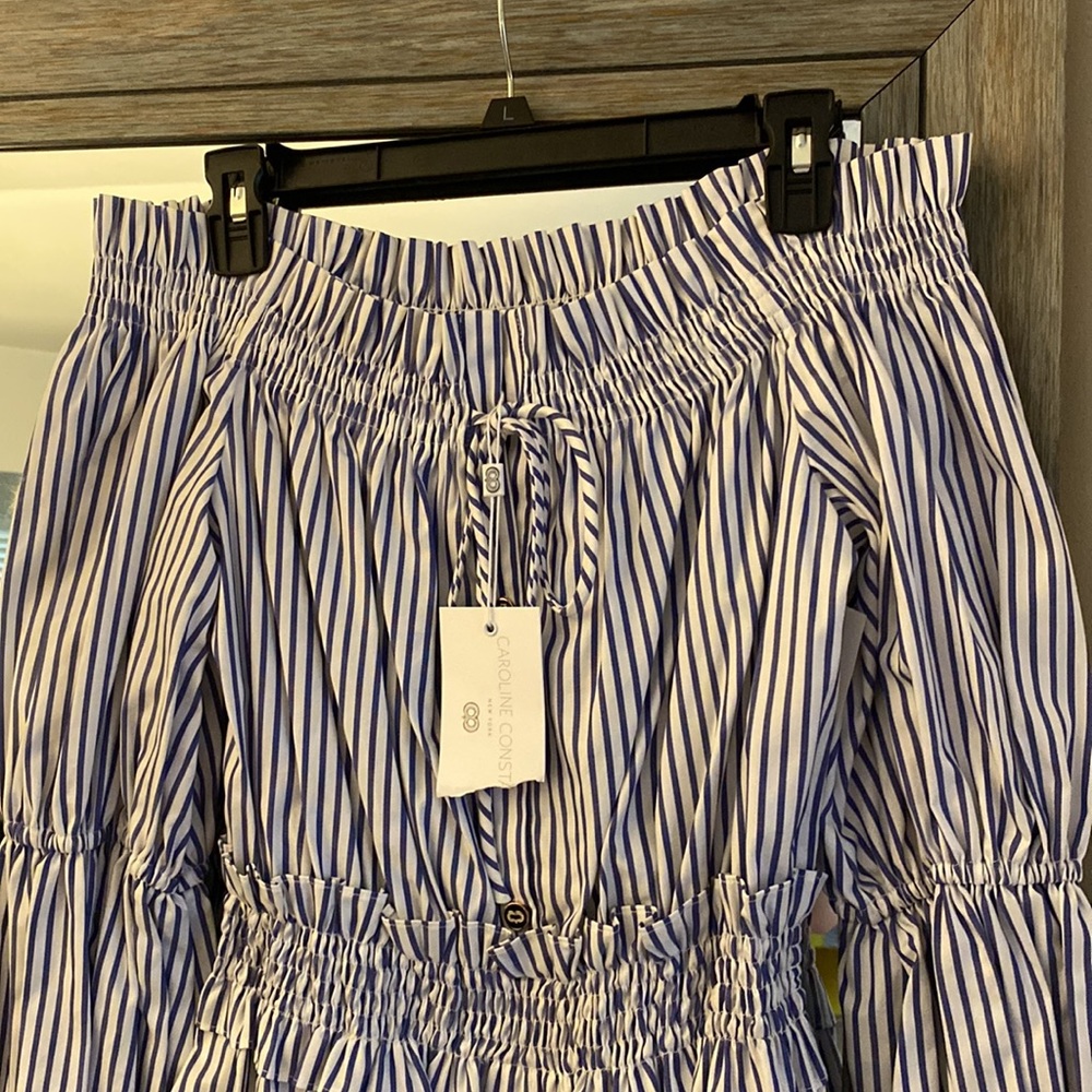 Caroline Constas, L, off the shoulder peasant dress, royal blue stripe, NWT!! - Picture 3 of 11